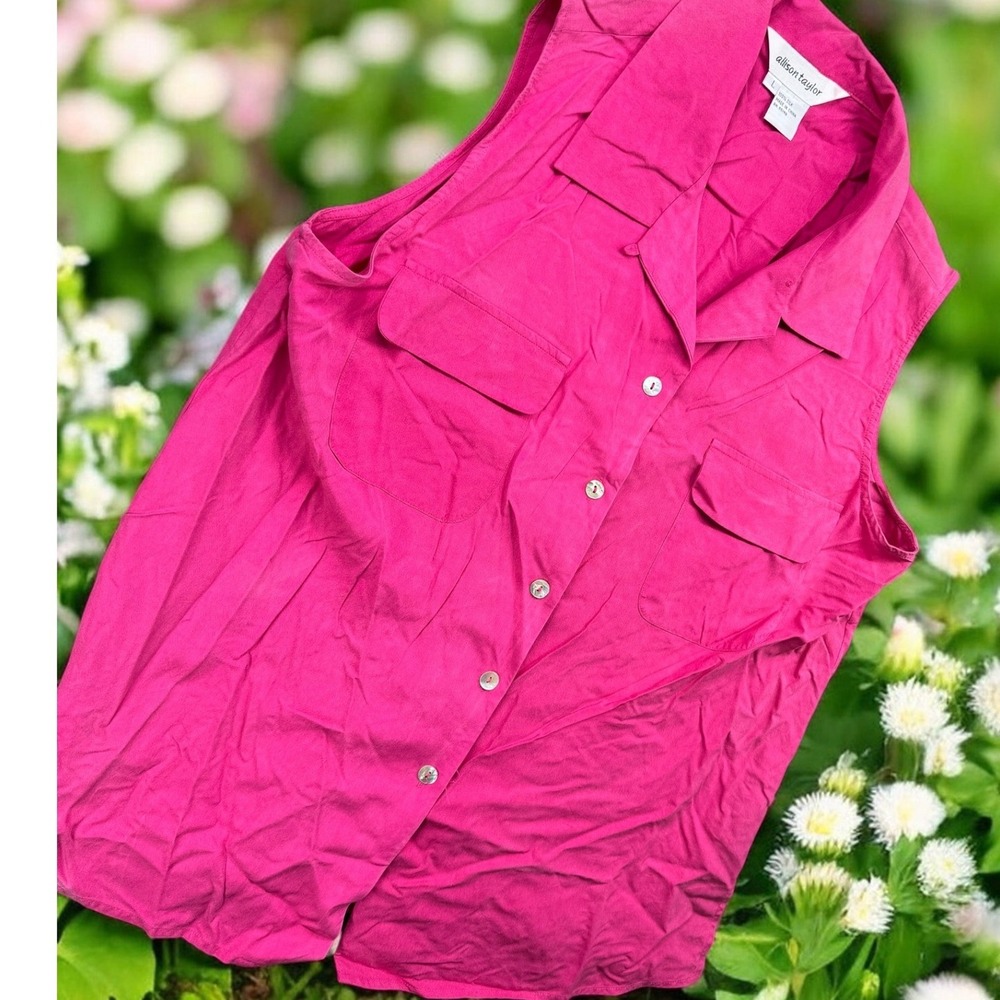 Allison Taylor Shirt Women L Pink 100% Silk Sleeveless Button Down Blouse